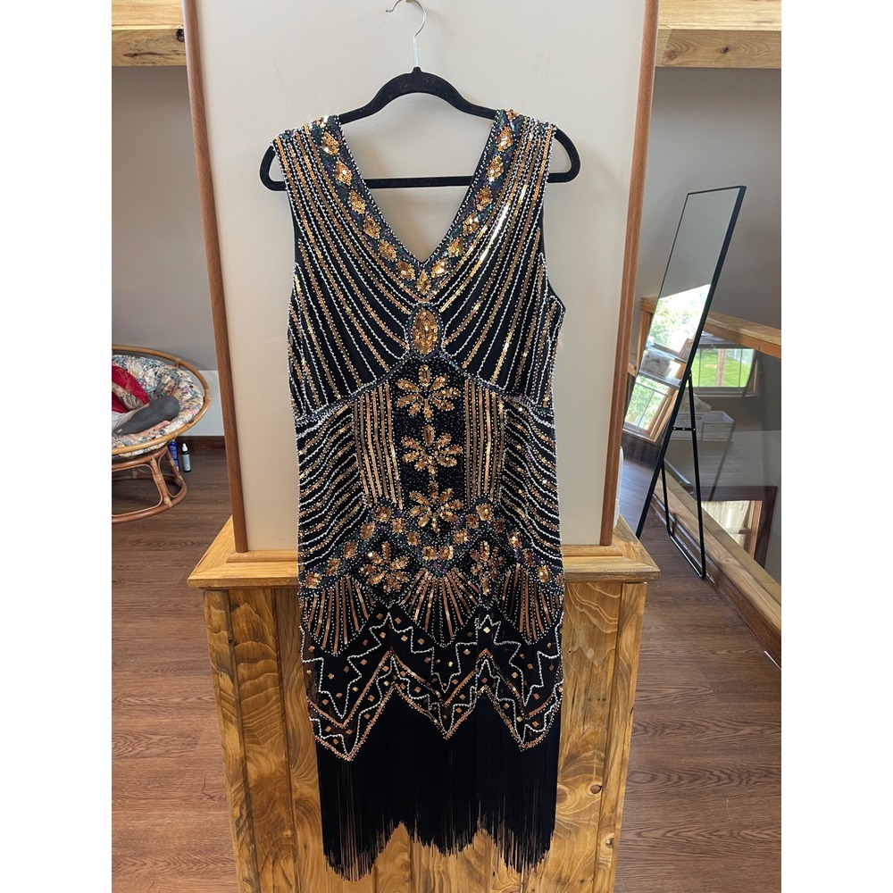 Metme Flapper Dress Women 4XL Black Gold Sequin Beaded Art Deco Fringe